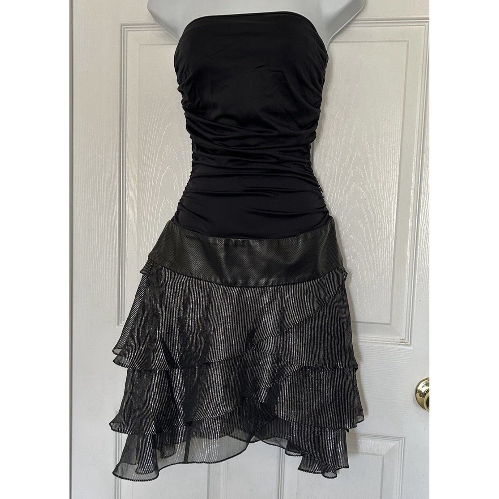 Alice + Olivia Strapless Leather Trim Tiered Silk Ruffle Mini Dress Black size 6